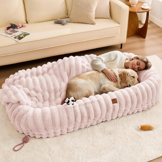 Luxury Pink Human Dog Bed - Giant Striped Faux Fur with Orthopedic Foam & Cozy Blanket, Portable Design