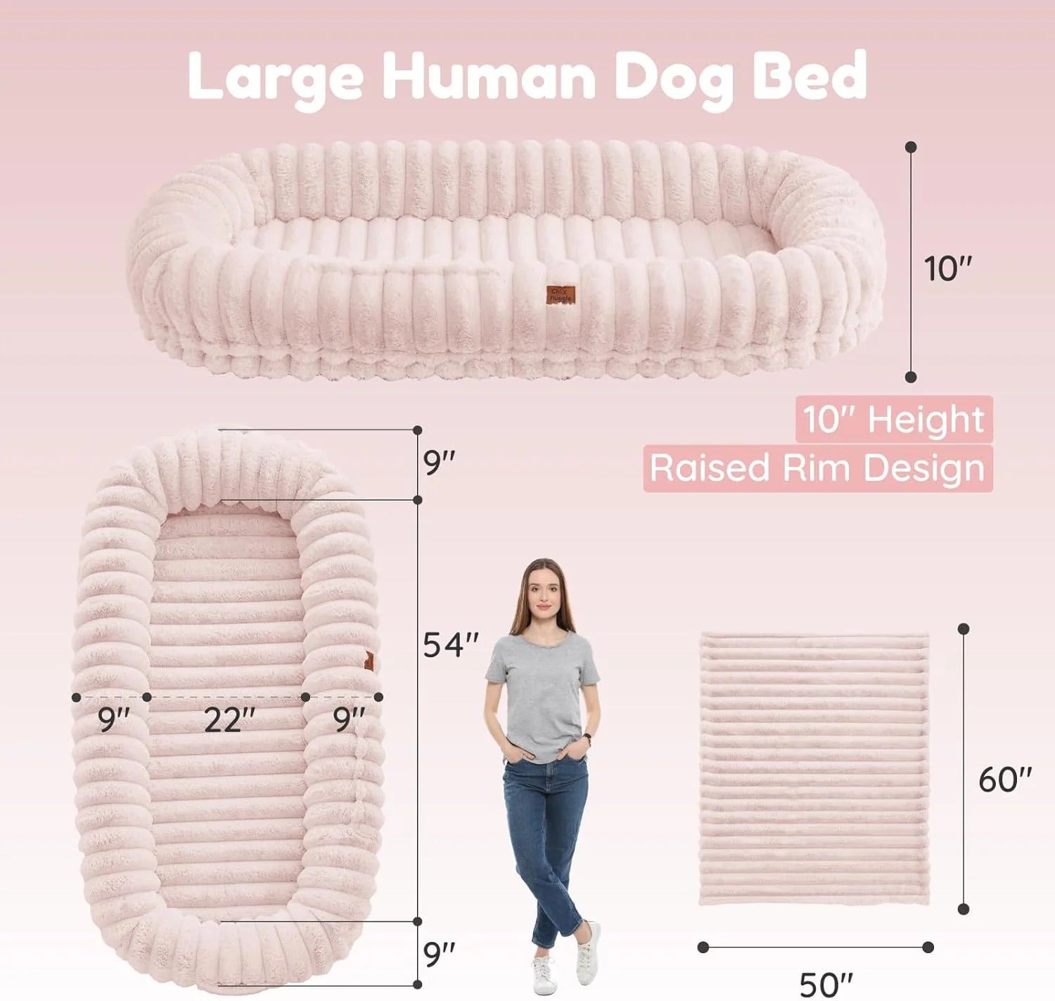 Luxury Pink Human Dog Bed - Giant Striped Faux Fur with Orthopedic Foam & Cozy Blanket, Portable Design
