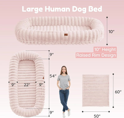 Luxury Pink Human Dog Bed - Giant Striped Faux Fur with Orthopedic Foam & Cozy Blanket, Portable Design