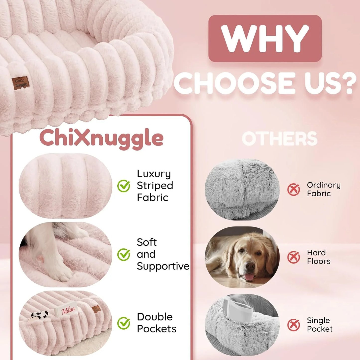 Luxury Pink Human Dog Bed - Giant Striped Faux Fur with Orthopedic Foam & Cozy Blanket, Portable Design