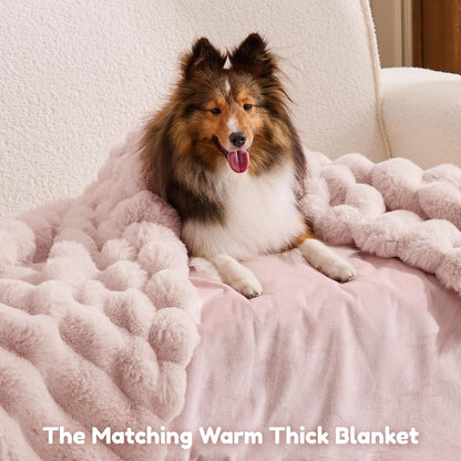Luxury Pink Human Dog Bed - Giant Striped Faux Fur with Orthopedic Foam & Cozy Blanket, Portable Design