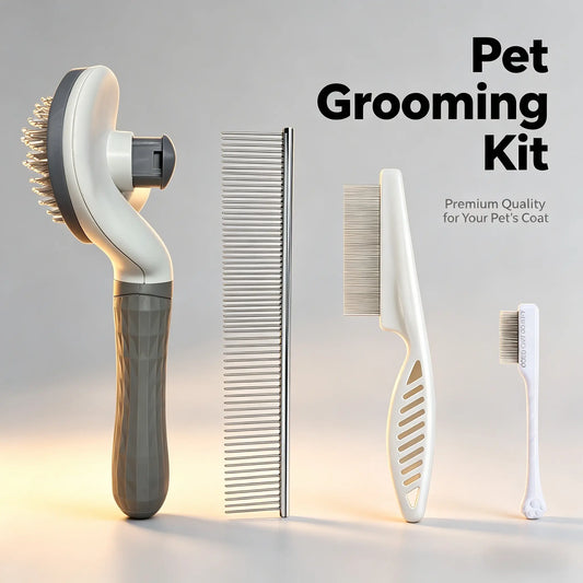 Ultimate 4PCS Pet Grooming Kit - Self-Cleaning Slicker Brush, Dual-Sided Dematting Comb, Tear Stain Comb & Fur Removal Tool for Dogs & Cats - Keep Your Home Fur-Free!