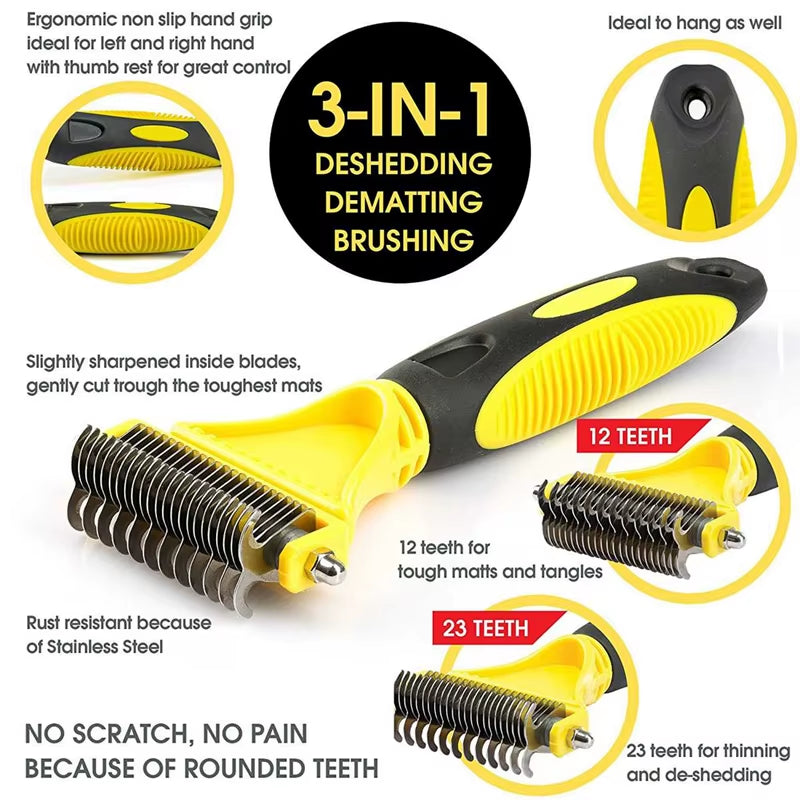 Stainless Steel Dual-Sided Grooming Brush for Dogs and Cats - Shedding and Dematting Undercoat Rake Comb for Effortless Knot and Tangle Removal