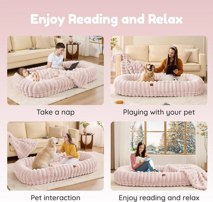 Luxury Pink Human Dog Bed - Giant Striped Faux Fur with Orthopedic Foam & Cozy Blanket, Portable Design