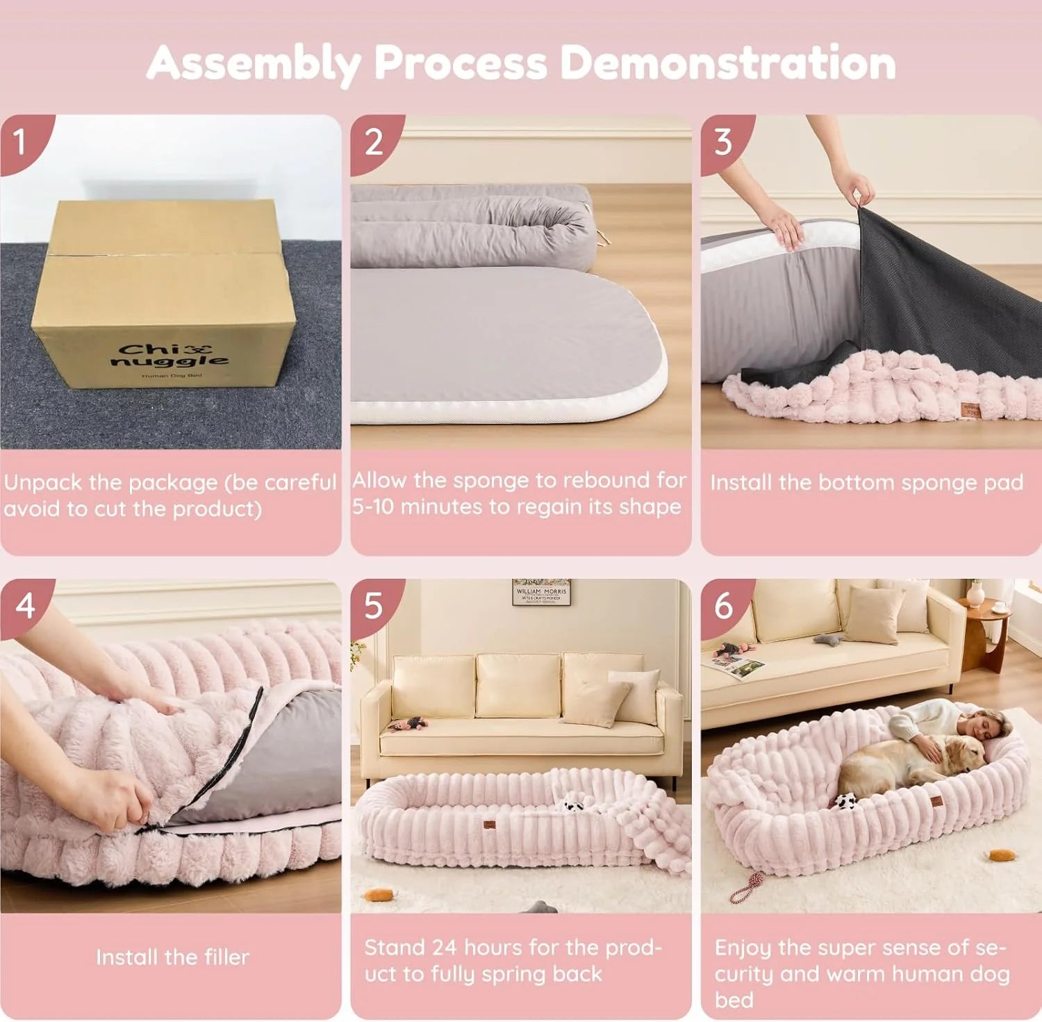 Luxury Pink Human Dog Bed - Giant Striped Faux Fur with Orthopedic Foam & Cozy Blanket, Portable Design