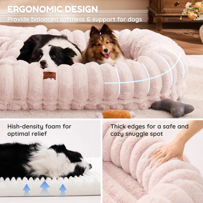 Luxury Pink Human Dog Bed - Giant Striped Faux Fur with Orthopedic Foam & Cozy Blanket, Portable Design