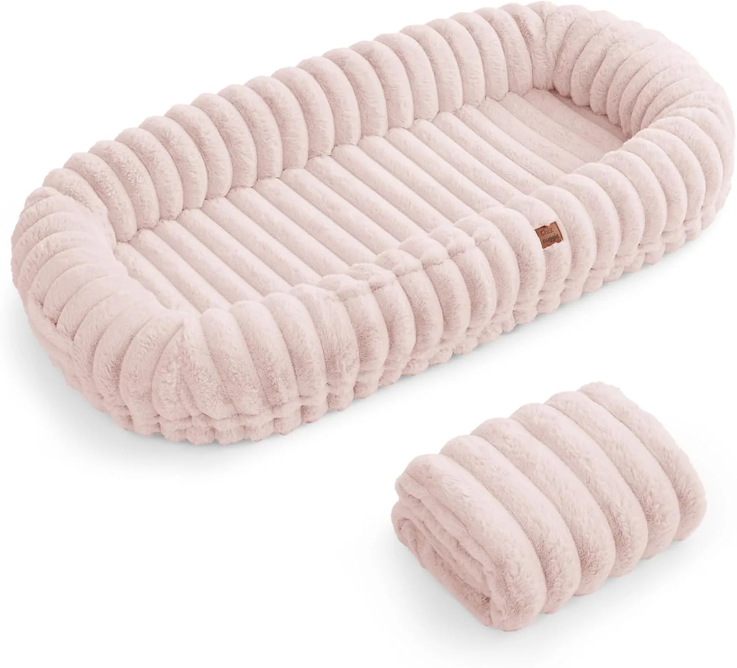 Luxury Pink Human Dog Bed - Giant Striped Faux Fur with Orthopedic Foam & Cozy Blanket, Portable Design