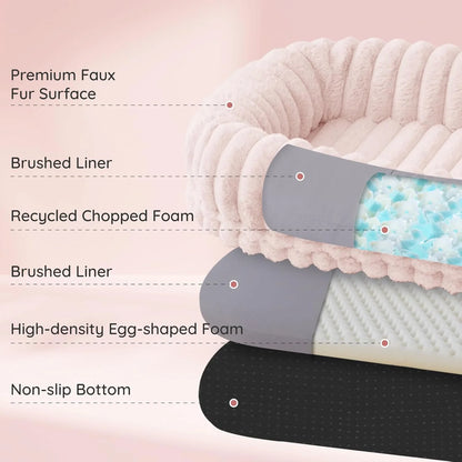 Luxury Pink Human Dog Bed - Giant Striped Faux Fur with Orthopedic Foam & Cozy Blanket, Portable Design